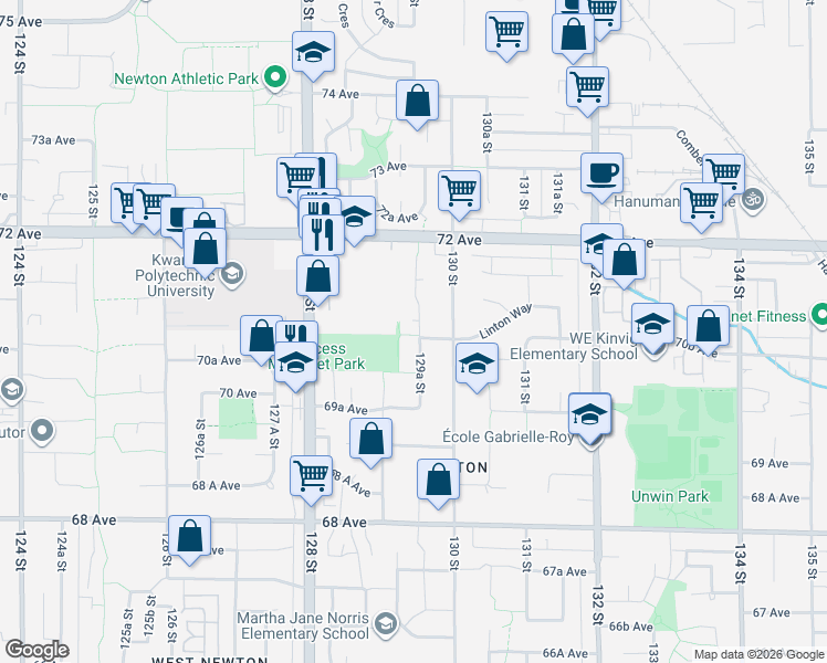 map of restaurants, bars, coffee shops, grocery stores, and more near 7063 129A Street in Surrey
