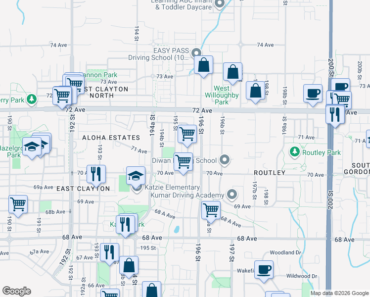 map of restaurants, bars, coffee shops, grocery stores, and more near 7071 195A Street in Surrey