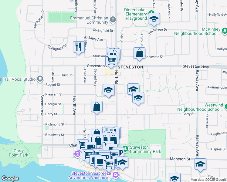map of restaurants, bars, coffee shops, grocery stores, and more near 11319 Number 1 Road in Richmond