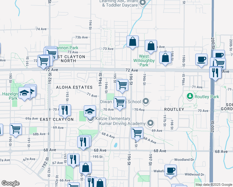 map of restaurants, bars, coffee shops, grocery stores, and more near 7072 195 Street in Surrey