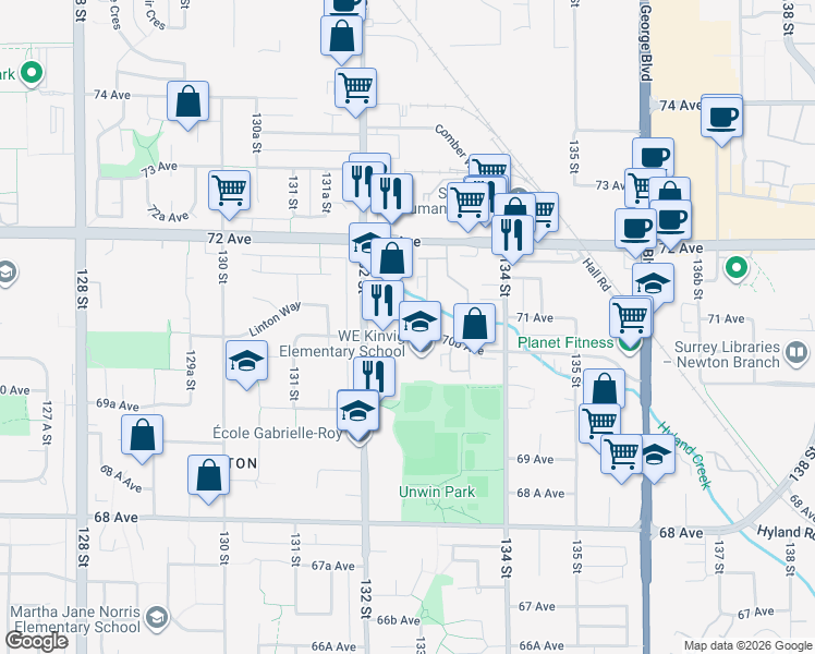 map of restaurants, bars, coffee shops, grocery stores, and more near 13275 70B Avenue in Surrey