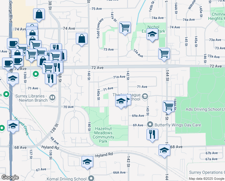 map of restaurants, bars, coffee shops, grocery stores, and more near 14124 71 Avenue in Surrey
