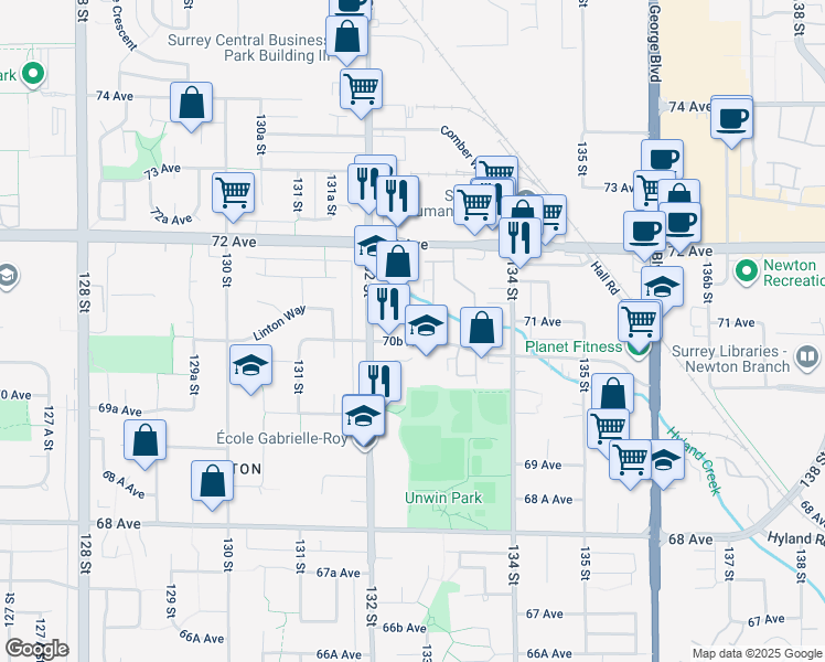 map of restaurants, bars, coffee shops, grocery stores, and more near 13275 70B Avenue in Surrey