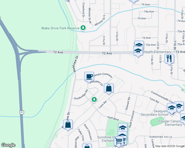 map of restaurants, bars, coffee shops, grocery stores, and more near 11101 Canyon Crescent in Delta