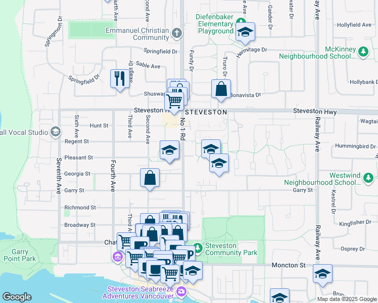 map of restaurants, bars, coffee shops, grocery stores, and more near 11320 Number 1 Road in Richmond
