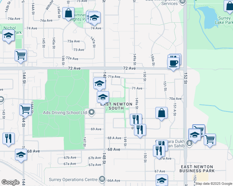 map of restaurants, bars, coffee shops, grocery stores, and more near 14856 70B Avenue in Surrey