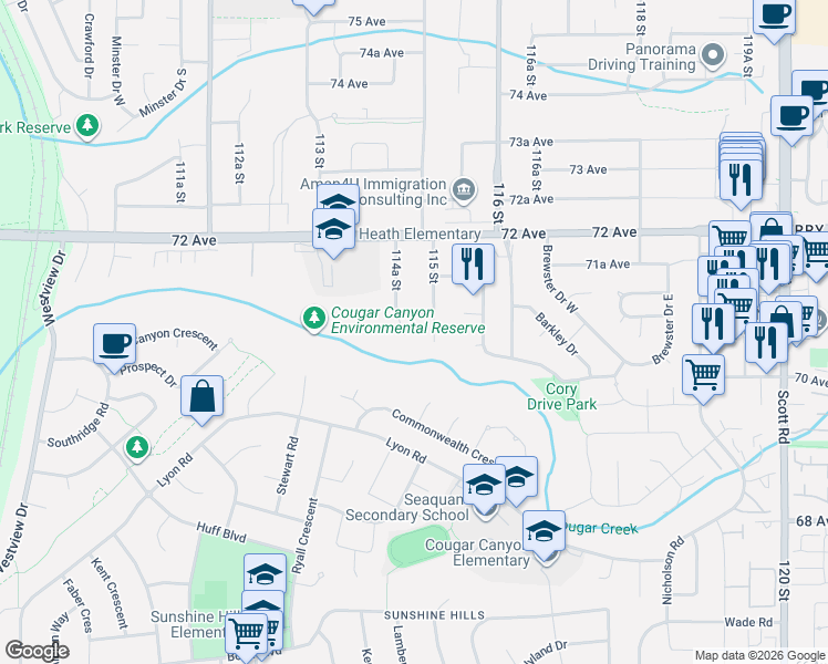 map of restaurants, bars, coffee shops, grocery stores, and more near 7074 114A Street in Delta