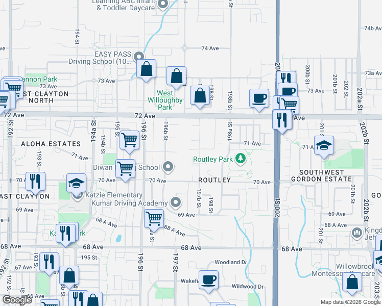 map of restaurants, bars, coffee shops, grocery stores, and more near 7081 197B Street in Langley