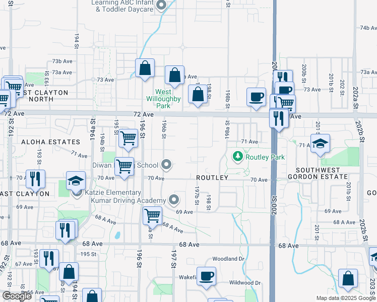map of restaurants, bars, coffee shops, grocery stores, and more near 7081 197B Street in Langley