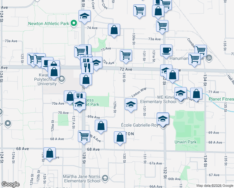 map of restaurants, bars, coffee shops, grocery stores, and more near 7068 129A Street in Surrey