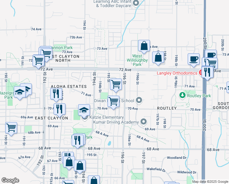 map of restaurants, bars, coffee shops, grocery stores, and more near 7079 195A Street in Surrey