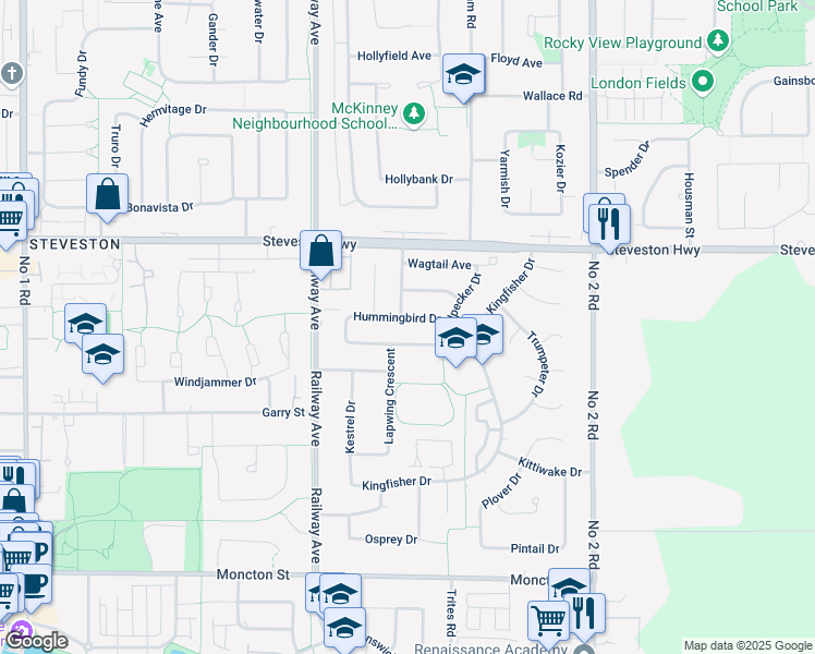 map of restaurants, bars, coffee shops, grocery stores, and more near 5420 Hummingbird Drive in Richmond