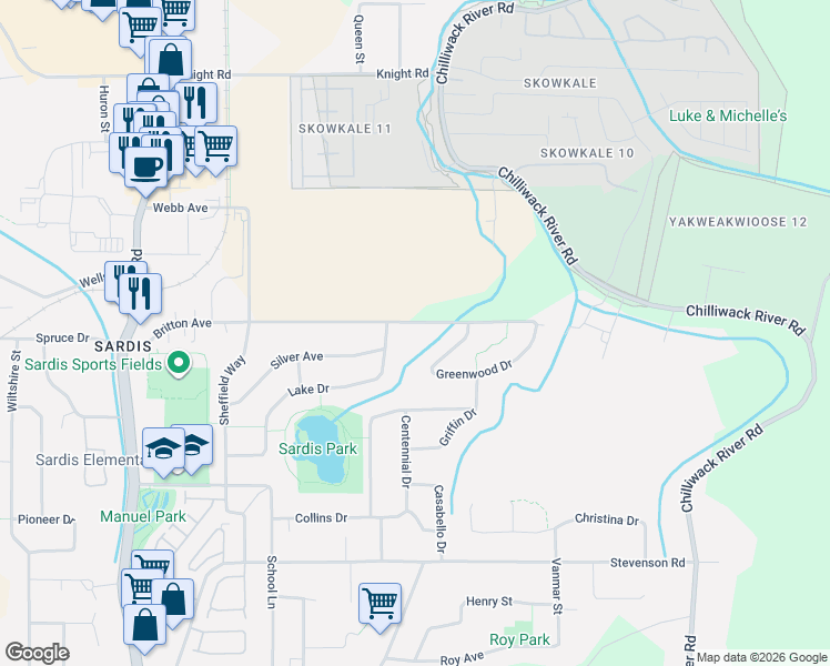 map of restaurants, bars, coffee shops, grocery stores, and more near 46054 Britton Avenue in Chilliwack
