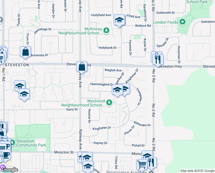 map of restaurants, bars, coffee shops, grocery stores, and more near 5460 Hummingbird Drive in Richmond