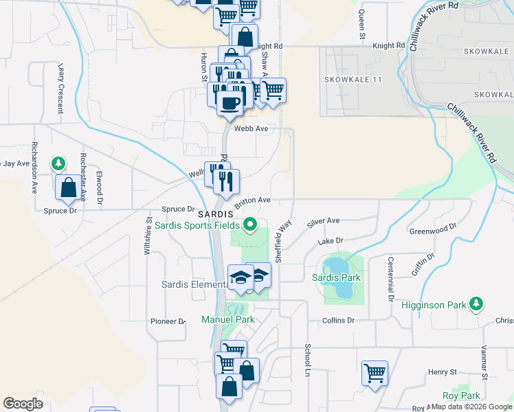 map of restaurants, bars, coffee shops, grocery stores, and more near 45766 Britton Avenue in Chilliwack
