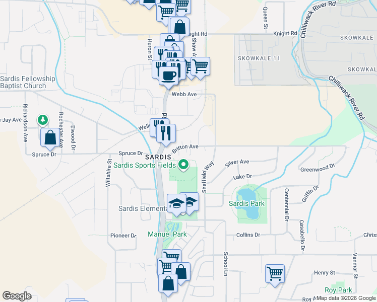 map of restaurants, bars, coffee shops, grocery stores, and more near 45766 Britton Avenue in Chilliwack