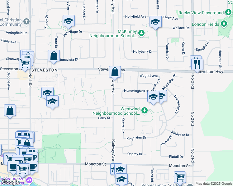 map of restaurants, bars, coffee shops, grocery stores, and more near 11200 Railway Avenue in Richmond