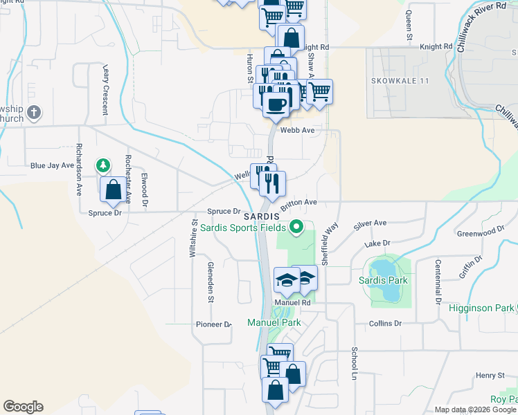 map of restaurants, bars, coffee shops, grocery stores, and more near 7075 Vedder Road in Chilliwack