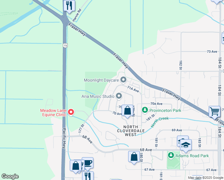 map of restaurants, bars, coffee shops, grocery stores, and more near 7095 178 Street in Surrey