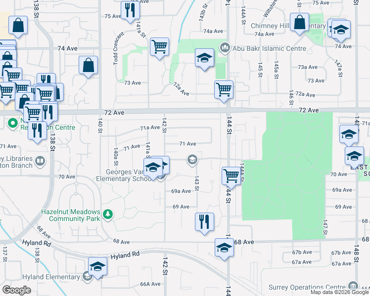 map of restaurants, bars, coffee shops, grocery stores, and more near 14262 71 Avenue in Surrey