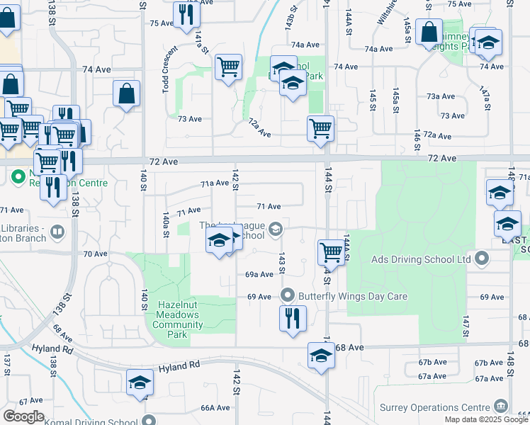 map of restaurants, bars, coffee shops, grocery stores, and more near 14262 71 Avenue in Surrey
