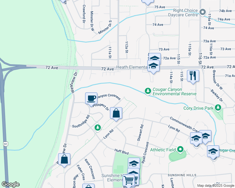 map of restaurants, bars, coffee shops, grocery stores, and more near 11197 Canyon Crescent in Delta