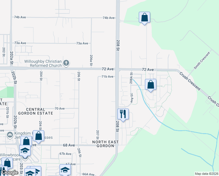 map of restaurants, bars, coffee shops, grocery stores, and more near 7135 208 Street in Langley