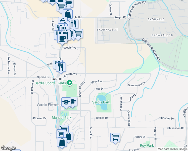map of restaurants, bars, coffee shops, grocery stores, and more near 45899 Silver Avenue in Chilliwack
