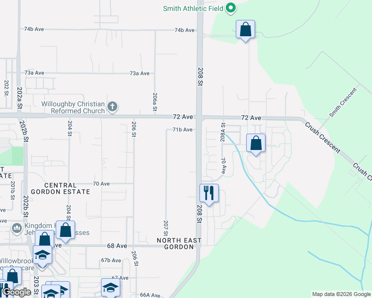 map of restaurants, bars, coffee shops, grocery stores, and more near 7135 208 Street in Langley