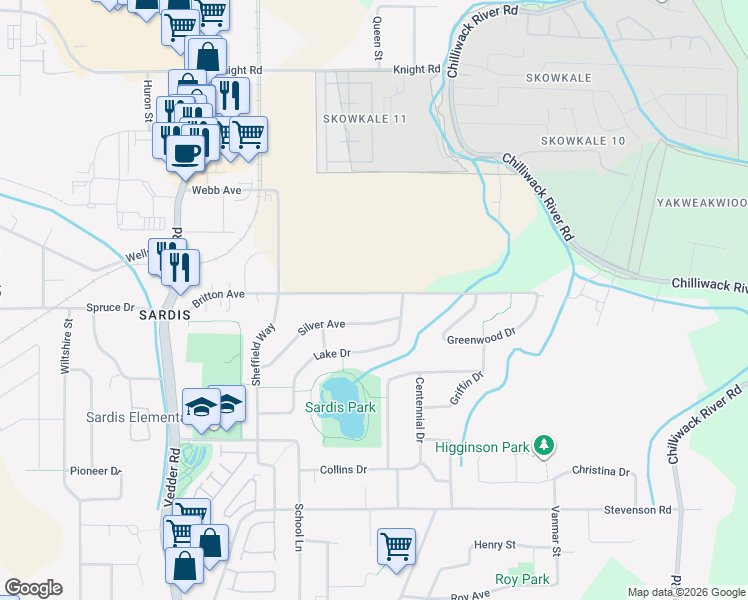 map of restaurants, bars, coffee shops, grocery stores, and more near 46006 Britton Avenue in Chilliwack