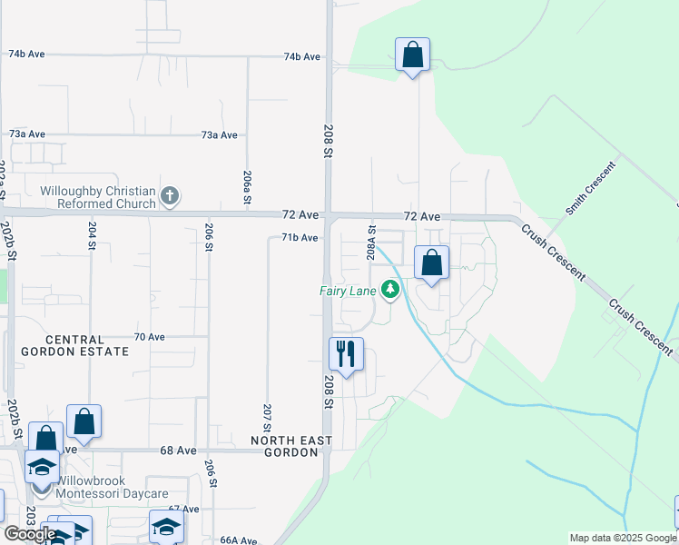 map of restaurants, bars, coffee shops, grocery stores, and more near 7169 208A Street in Langley Township