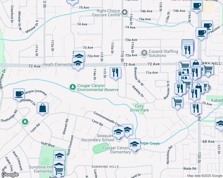 map of restaurants, bars, coffee shops, grocery stores, and more near 11570 71 Avenue in Delta