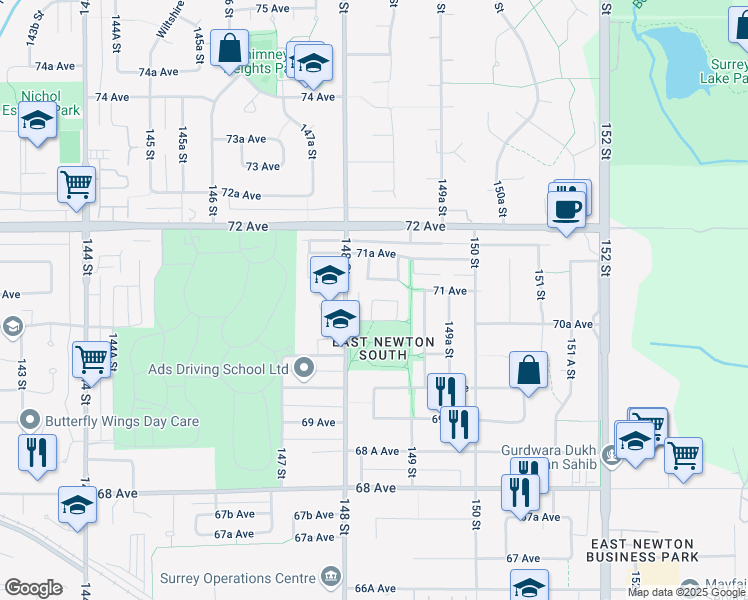 map of restaurants, bars, coffee shops, grocery stores, and more near 14856 70B Avenue in Surrey