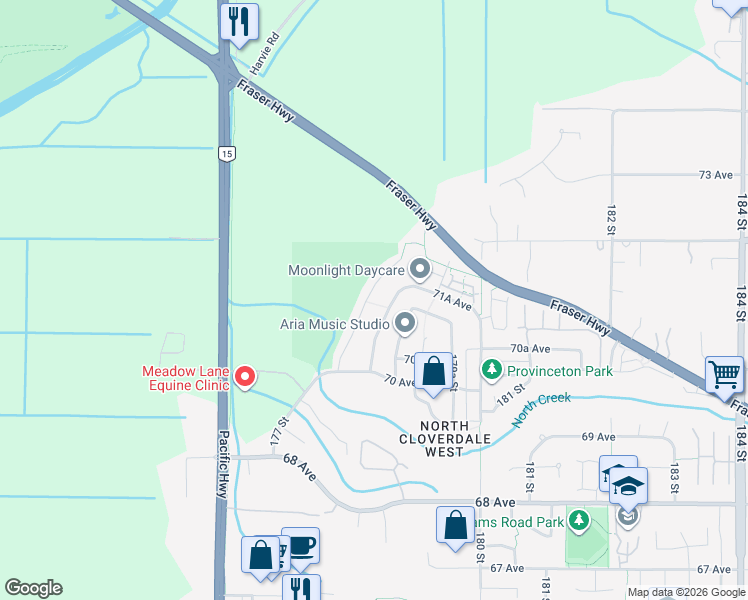 map of restaurants, bars, coffee shops, grocery stores, and more near 7108 177A Street in Surrey