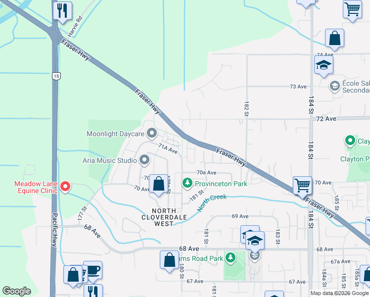 map of restaurants, bars, coffee shops, grocery stores, and more near 7090 180 Street in Surrey