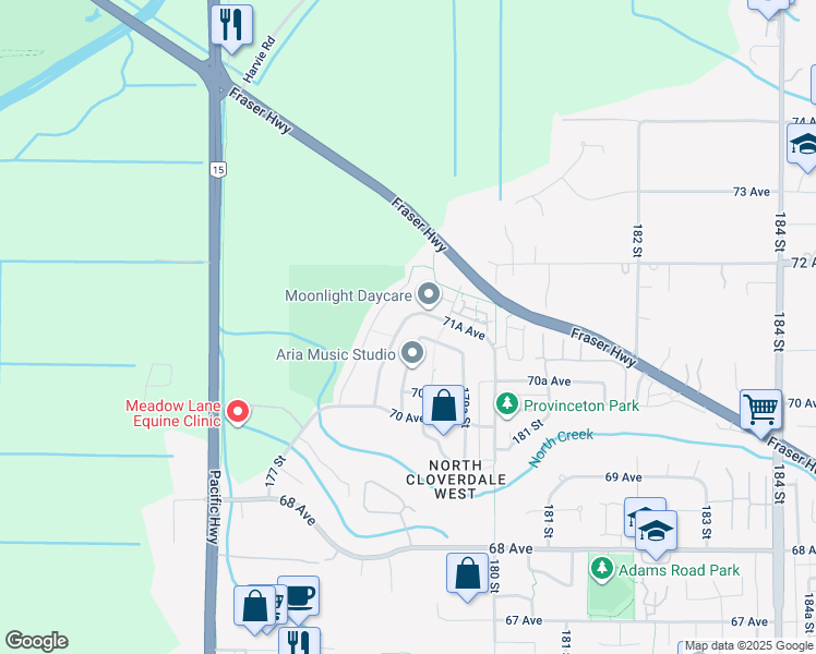 map of restaurants, bars, coffee shops, grocery stores, and more near 7132 178 Street in Surrey