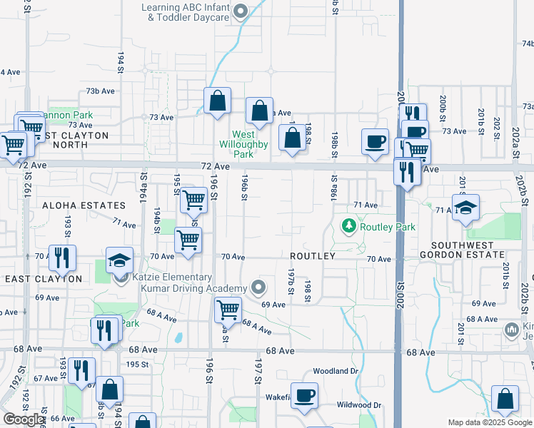 map of restaurants, bars, coffee shops, grocery stores, and more near 19695 71 Avenue in Langley
