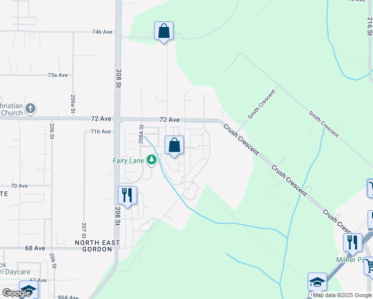 map of restaurants, bars, coffee shops, grocery stores, and more near 7138 210 Street in Langley