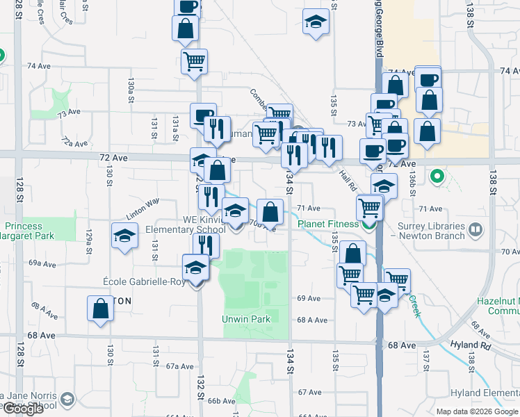 map of restaurants, bars, coffee shops, grocery stores, and more near 7095 133B Street in Surrey