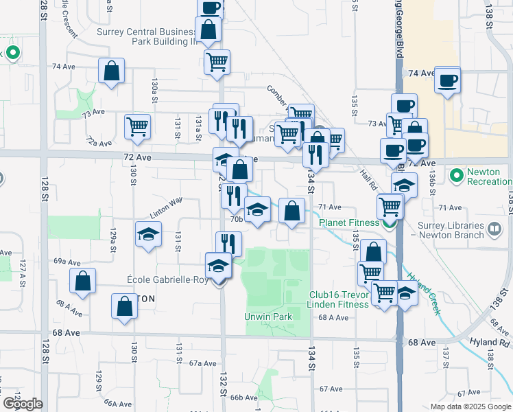 map of restaurants, bars, coffee shops, grocery stores, and more near 13283 70B Avenue in Surrey