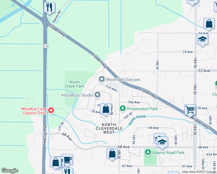 map of restaurants, bars, coffee shops, grocery stores, and more near 71 71A Avenue in Surrey