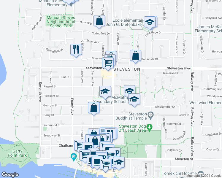 map of restaurants, bars, coffee shops, grocery stores, and more near 11315 Number 1 Road in Richmond