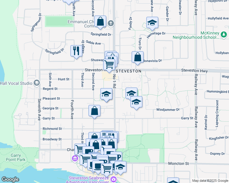 map of restaurants, bars, coffee shops, grocery stores, and more near 11315 Number 1 Road in Richmond