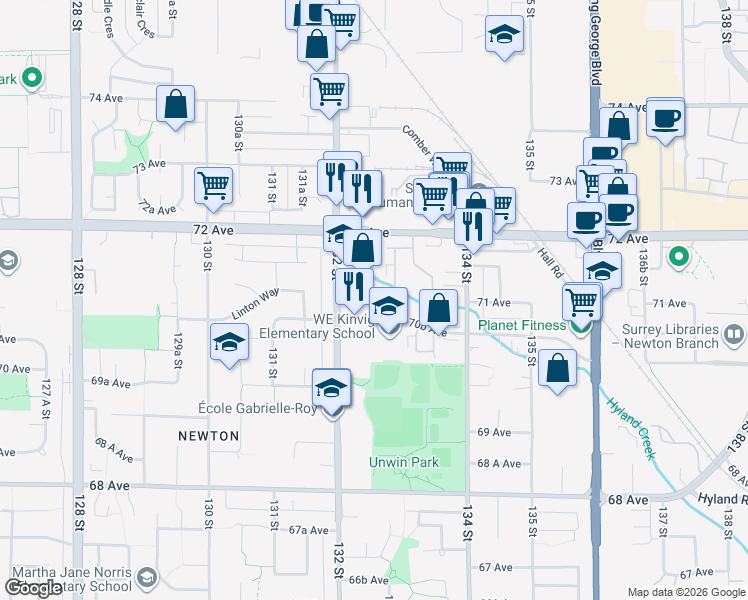 map of restaurants, bars, coffee shops, grocery stores, and more near 13275 70B Avenue in Surrey