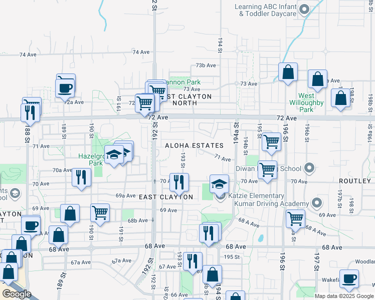 map of restaurants, bars, coffee shops, grocery stores, and more near 19316 71 Avenue in Surrey