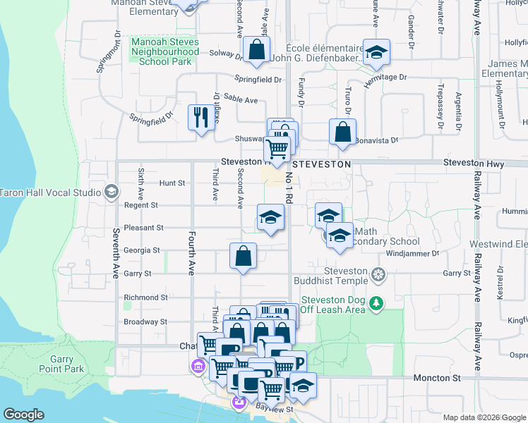 map of restaurants, bars, coffee shops, grocery stores, and more near 3860 Regent Street in Richmond