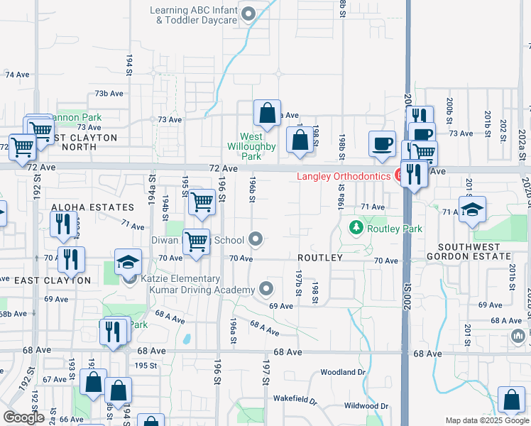 map of restaurants, bars, coffee shops, grocery stores, and more near 19695 71 Avenue in Langley City