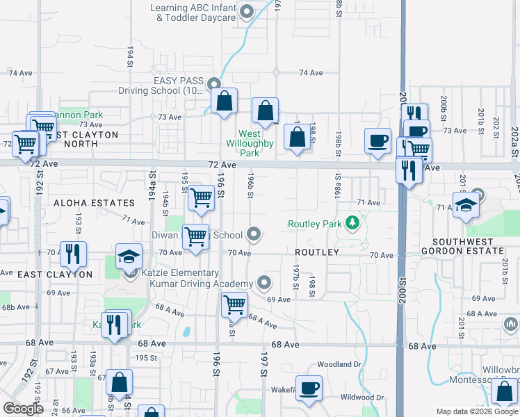 map of restaurants, bars, coffee shops, grocery stores, and more near 19673 71 Avenue in Langley
