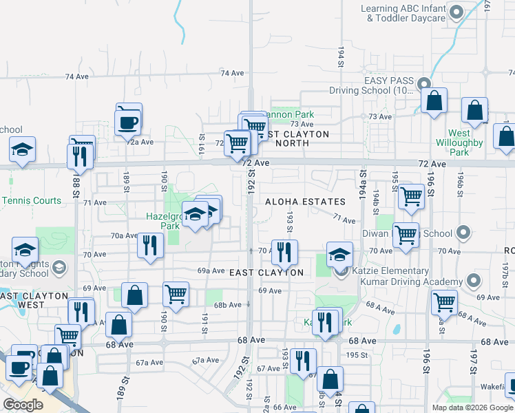 map of restaurants, bars, coffee shops, grocery stores, and more near 7056 192 Street in Surrey