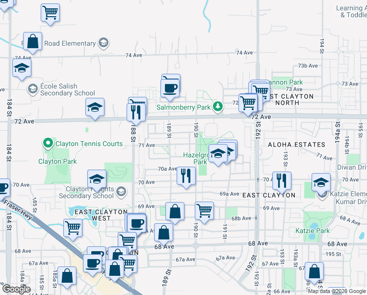 map of restaurants, bars, coffee shops, grocery stores, and more near 18954 71 Avenue in Surrey